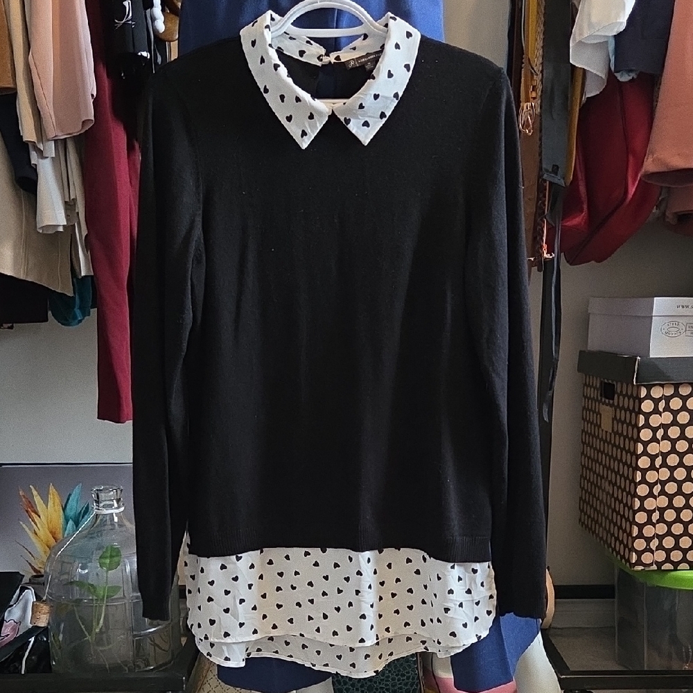 Adrianna Papell Black and White Heart Polka Dot Top w Button Back Collar - Picture 6 of 9